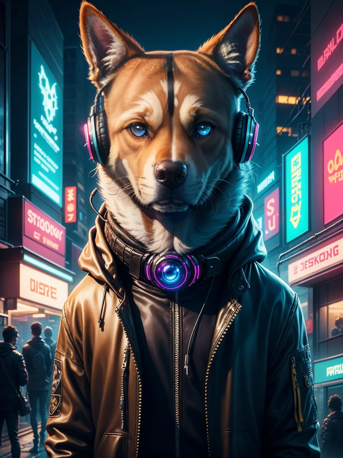 A realistic image of a dog in cyberpunk costume, glowing eye, wearing Jacket with neon lights, headphones, neon lights on headphones, portrait, cyber City background, high resolution, high quality image, ultra detailed image, sharp image, masterpiece quality, 