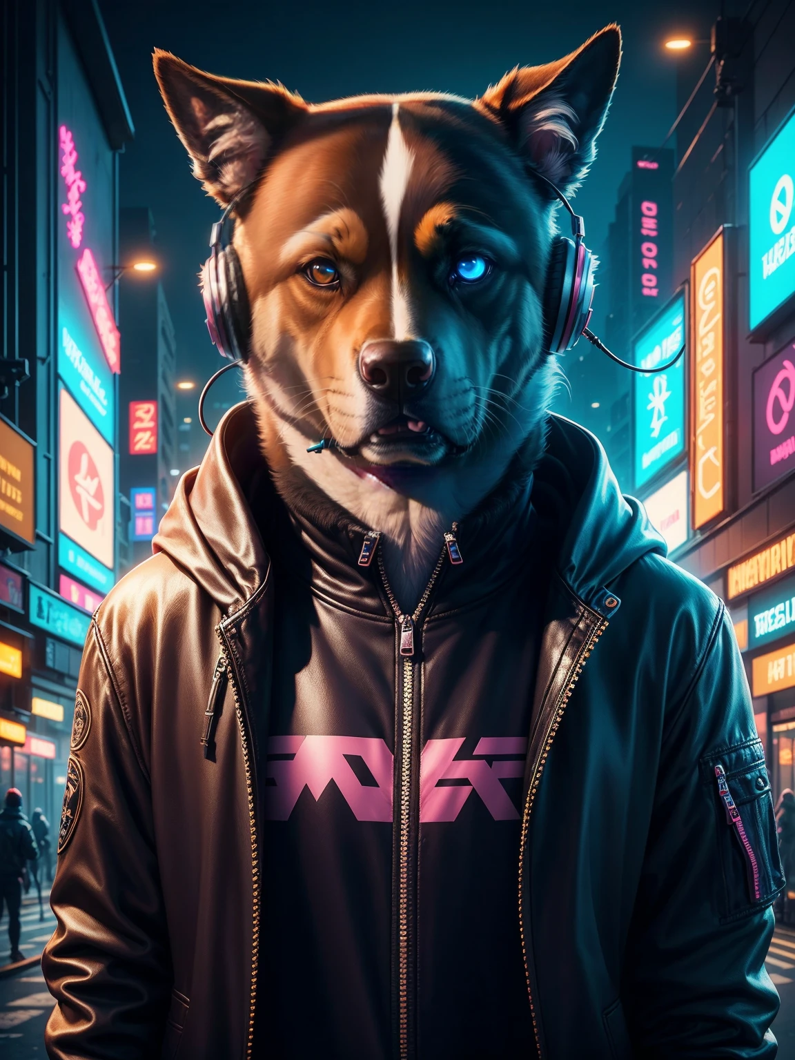 A realistic image of a dog in cyberpunk costume, glowing eye, wearing Jacket with neon lights, headphones, neon lights on headphones, portrait, cyber City background, high resolution, high quality image, ultra detailed image, sharp image, masterpiece quality, 