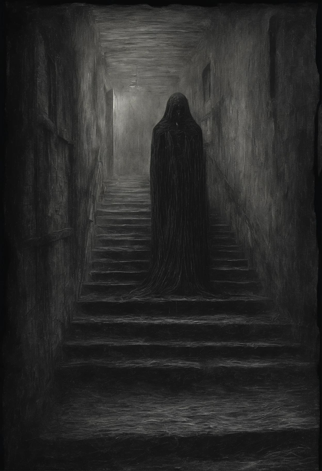 Arafed image of a ghostly figure standing on a staircase - SeaArt AI