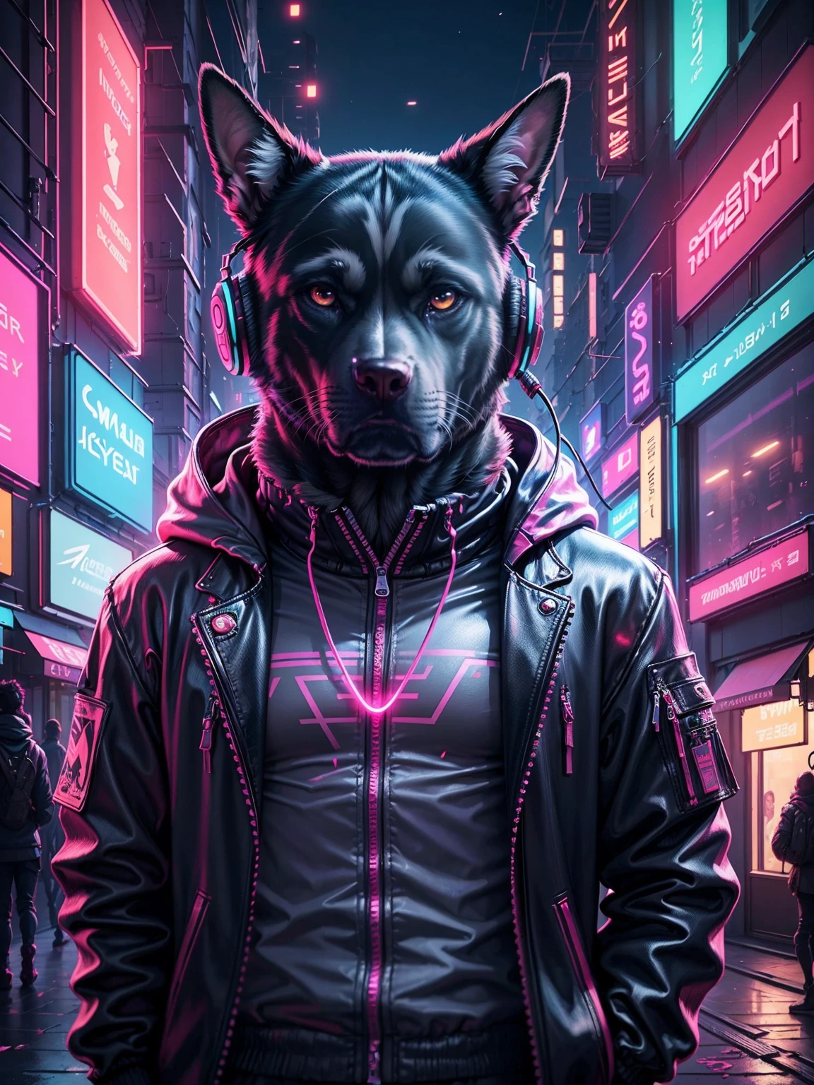 A realistic image of a dog in cyberpunk costume, glowing eye, wearing Jacket with neon lights, headphones, neon lights on headphones, portrait, cyber City background, high resolution, high quality image, ultra detailed image, sharp image, masterpiece quality, 