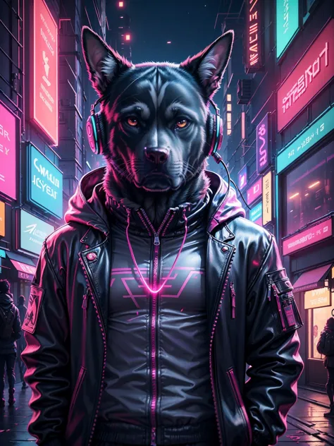A realistic image of a dog in cyberpunk costume, glowing eye, wearing Jacket with neon lights, headphones, neon lights on headph...