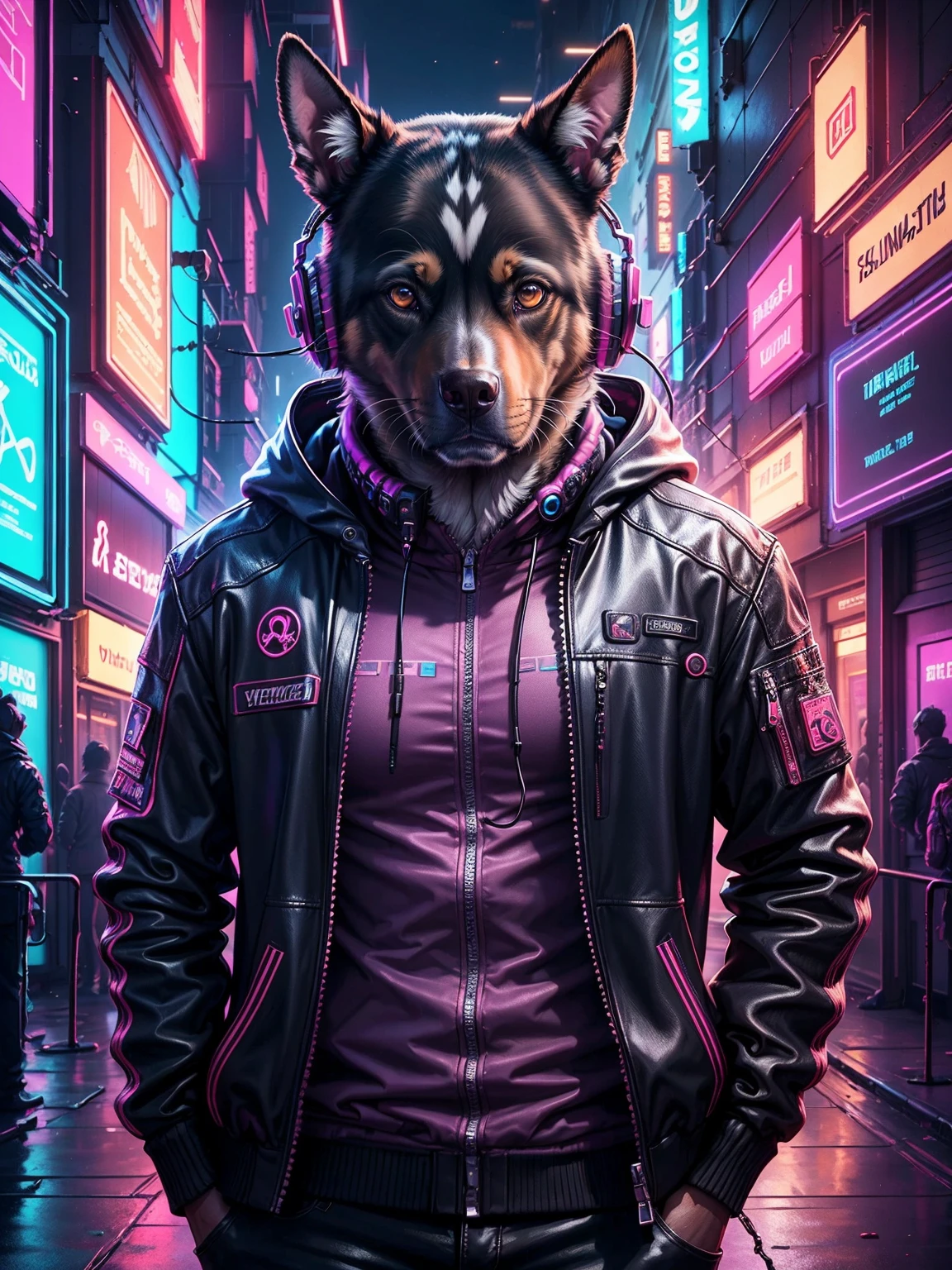 A realistic image of a dog in cyberpunk costume, glowing eye, wearing Jacket with neon lights, headphones, neon lights on headphones, portrait, cyber City background, high resolution, high quality image, ultra detailed image, sharp image, masterpiece quality, 