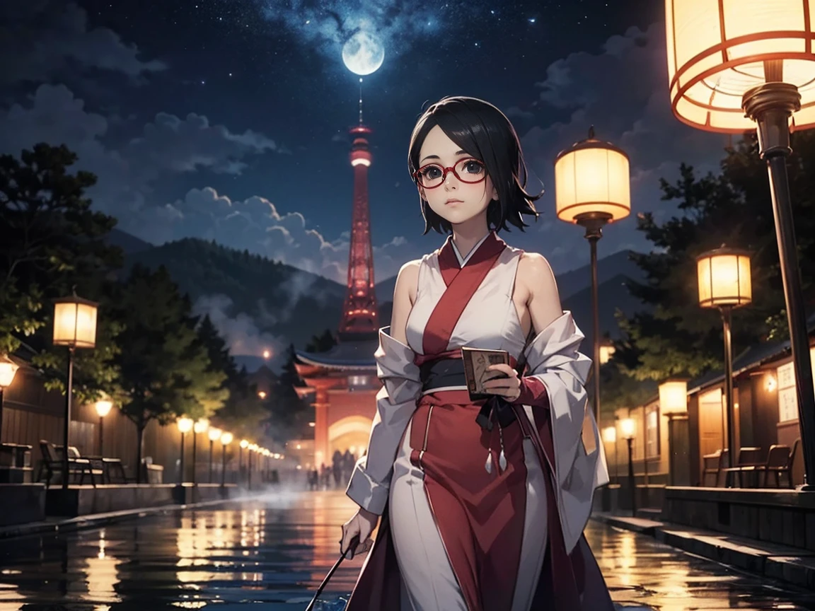 ((Sarada Uchiha,glasses,standing,walking)),1 girl, reflection, moonligh, latern, natta, standing alone, lake, hair ornament, humida, kimono, Japanese clothing, chic, water, hair flowers, flowers, plein-air, sky, full moonligh, Raby, Bblack hair, Off The Shoulder, moutain, nube, containment, range, bared shoulders, latern de papela, standing, white kimono, natta sky, sideboob, the heart, humida clothes, glasses, tree, From the side Side, reflection, shorth hair, nubes sky, humida hair (((work of art),FOG,(black eyes,glasses,extremely detaild),best qualityer,,standing alone,1 girl,cinematic lighting,detailed back ground,beautiful detailed eyes,Brilliant students, (extremely delicate and beautiful),(Beautiful and detailed description of the eyes)， ultra detali,work of art,))