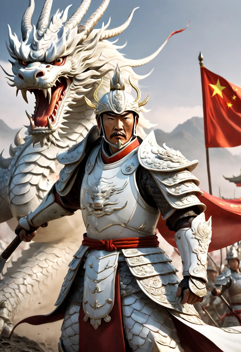 A Chinese general dressed in white armor stands on the battlefield, holding a white silver spear in his hand, fighting with action. The armor has a Chinese dragon pattern on it, and behind him there is also a Chinese white dragon flying. The background is an ancient Chinese battlefield, and the character faces the camera. The film light, panoramic shot, is very handsome. The composition is solemn and solemn, very realistic.