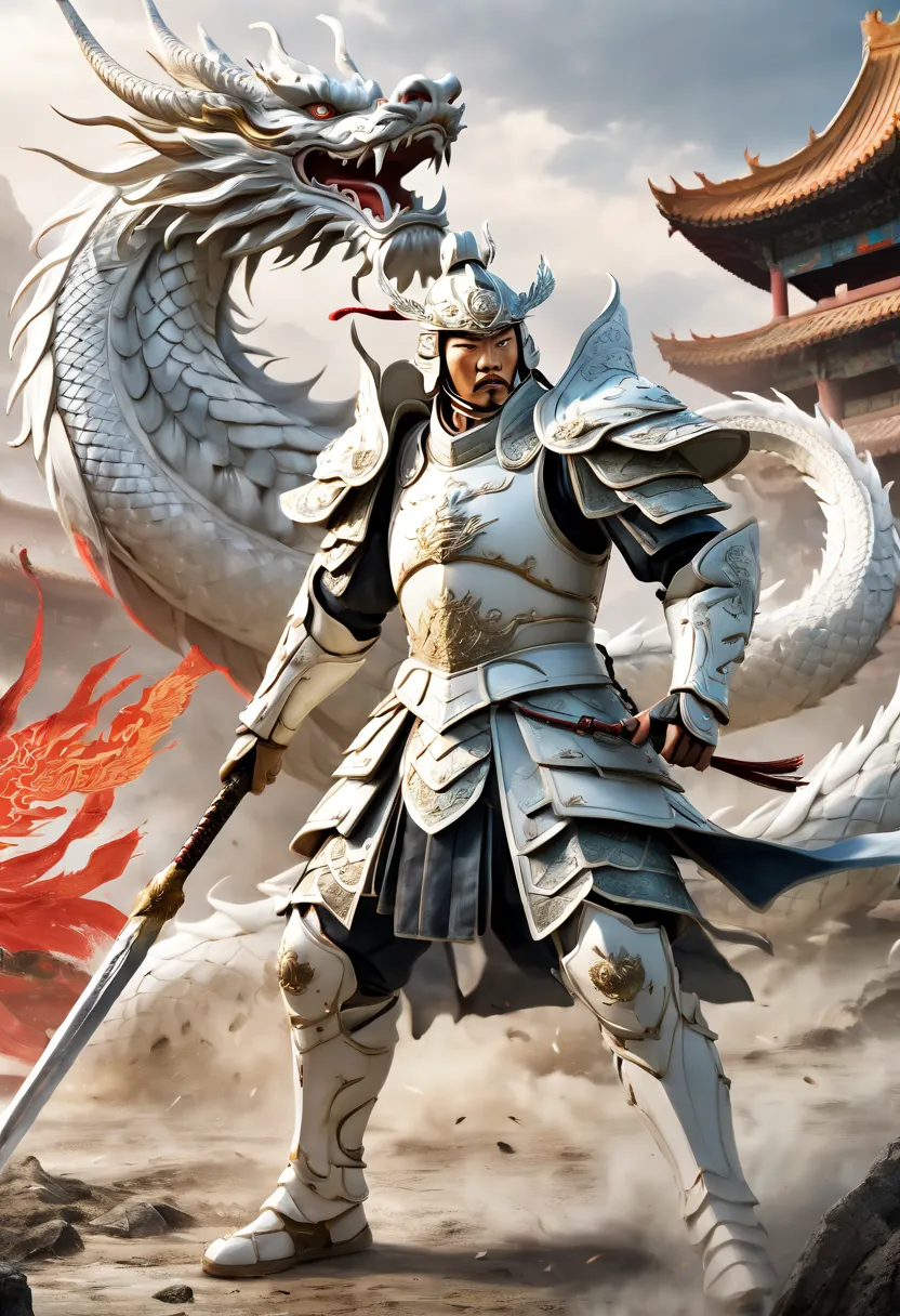 A Chinese general dressed in white armor stands on the battlefield, holding a white silver spear in his hand, fighting with acti...