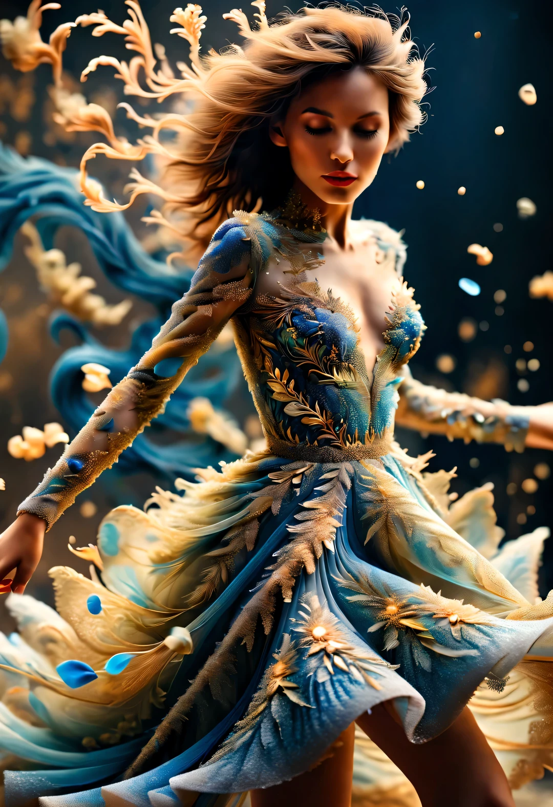 (Confetti dancing on a beautiful gold and blue delicate wedding dress），Alyssa Lazer (Aliza Razell) style, beautiful details, beautiful details，Long range shooting，whole body，elevation angle，The art of paper，