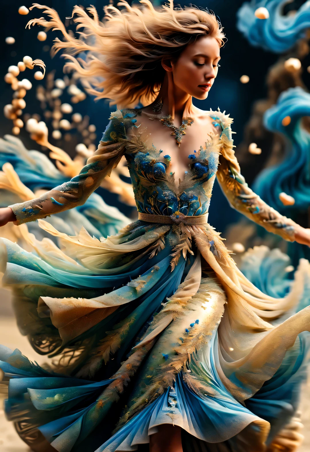 (Confetti dancing on a beautiful gold and blue delicate wedding dress），Alyssa Lazer (Aliza Razell) style, beautiful details, beautiful details，Long range shooting，whole body，elevation angle，The art of paper，