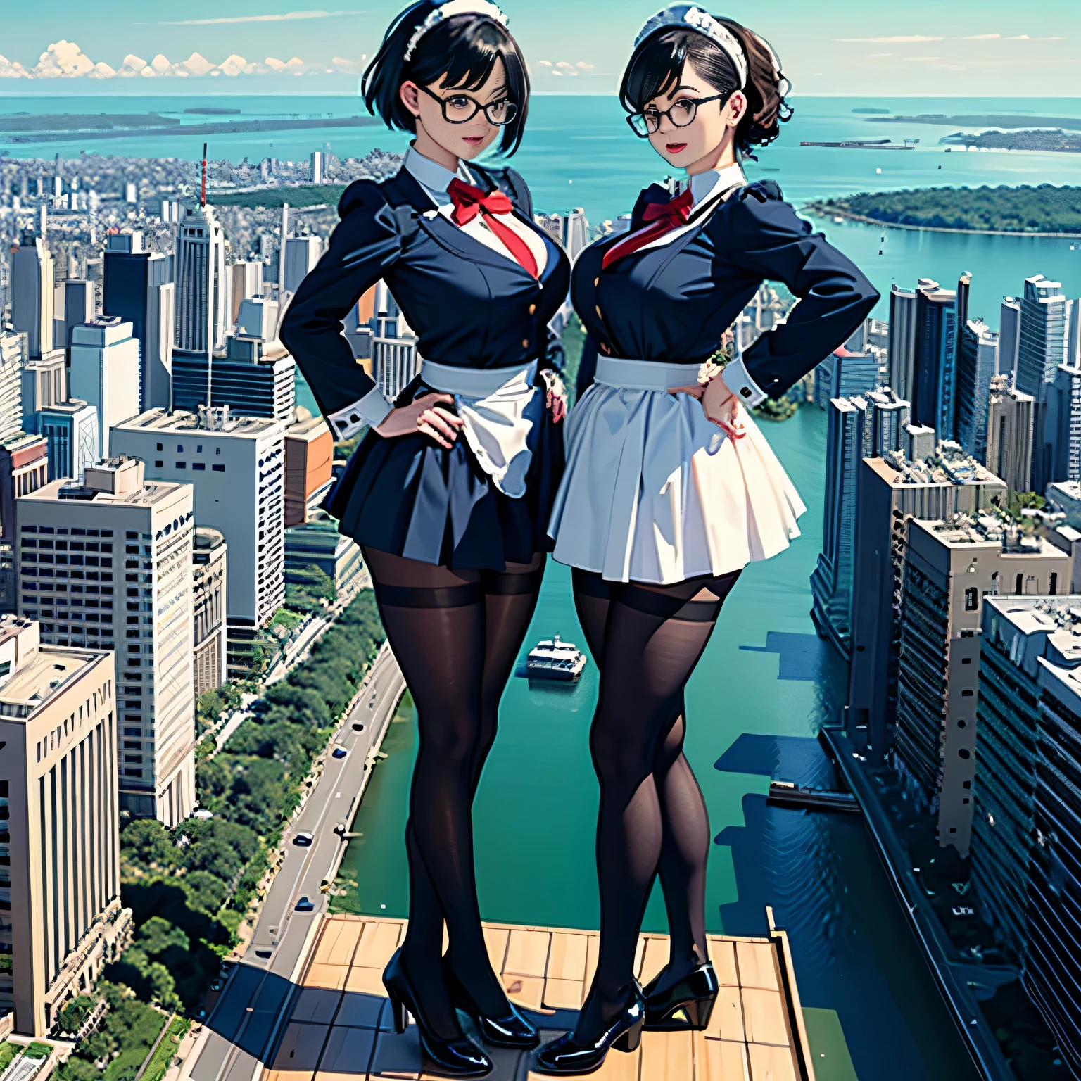 multiple girls, Giantの芸術, 非常に詳細なGiantショット, Giant, short hair, A maid that is much bigger than a skyscraper, wearing rimless glasses, big breasts, big ass, navy maid uniform, black pantyhose, black shoes, very small metropolis, miniature metropolis, crush the big city, A city engulfed in flames, full body description, ＧＴＳ, ギガGiant, Stomping City, crash city, Small town, micro city, maid, 