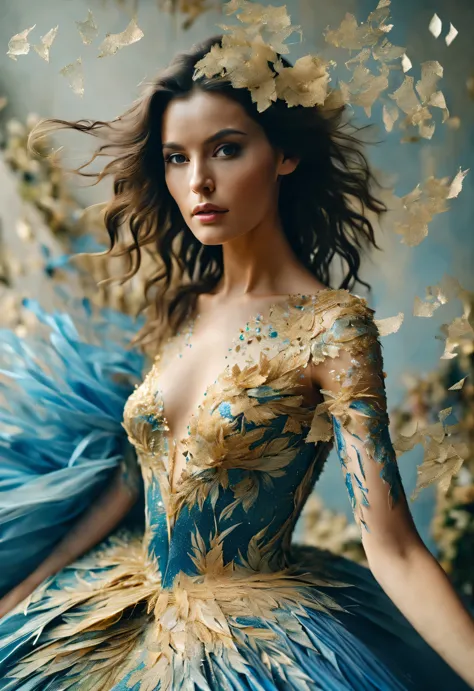(Confetti dancing on a beautiful gold and blue delicate wedding dress），Model looking at camera，Alyssa Lazer (Aliza Razell) style...
