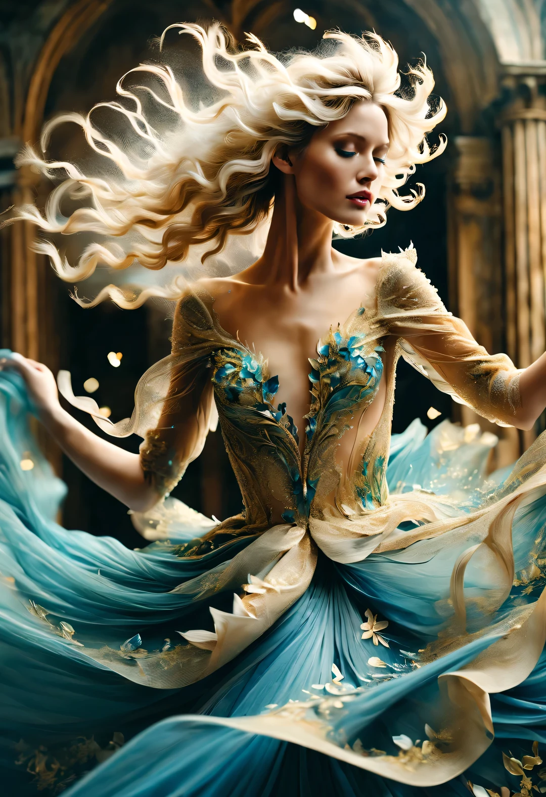 (아름다운 금색과 파란색의 섬세한 웨딩 드레스 위에서 춤추는 색종이 조각），아름다운 모델，금발의，엄청 길게 날아다니는 곱슬머리，알리사 레이저 (알리자 라젤) 스타일, 아름다운 세부 사항, 아름다운 세부 사항，장거리 사격，전신，앙각，종이 예술，