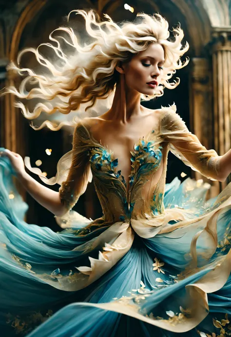 (Confetti dancing on a beautiful gold and blue delicate wedding dress），beautiful model，blonde，Super long flying curly hair，Alyssa Lazer (Aliza Razell) style, beautiful details, beautiful details，Long range shooting，whole body，elevation angle，The art of pap...