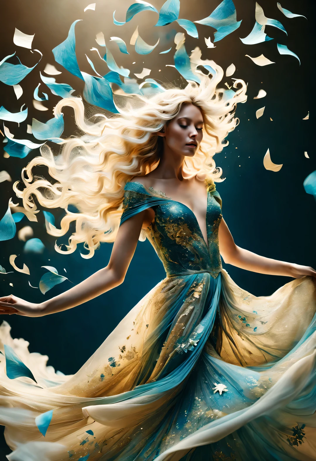 (Confetti dancing on a beautiful gold and blue delicate wedding dress），beautiful model，blonde，Super long flying curly hair，Alyssa Lazer (Aliza Razell) style, beautiful details, beautiful details，Long range shooting，whole body，elevation angle，The art of paper，