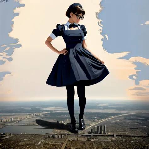 multiple girls, Giantの芸術, 非常に詳細なGiantショット, Giant, short hair, A maid that is much bigger than a skyscraper, wearing rimless glas...