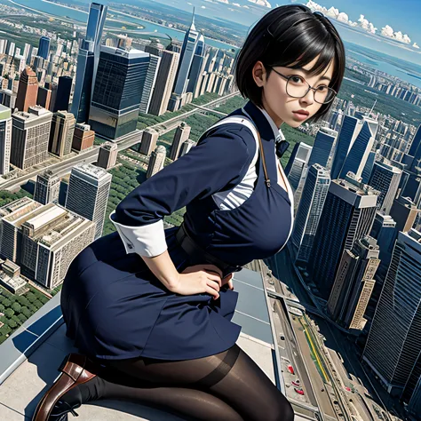 multiple girls, Giantの芸術, 非常に詳細なGiantショット, Giant, short hair, A maid that is much bigger than a skyscraper, wearing rimless glas...