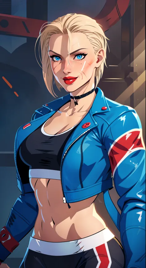 (((illustration))) portrait  cammy_white , cammy sf6,1girl ,solo ,  bang , scar on cheek ,blonde hair , blue eyes, short hair, sports bra, jacket , yoga pant, looking at viewer, upper body ,blush , smile , happy , red lipstick,  veins, beautiful face, full...