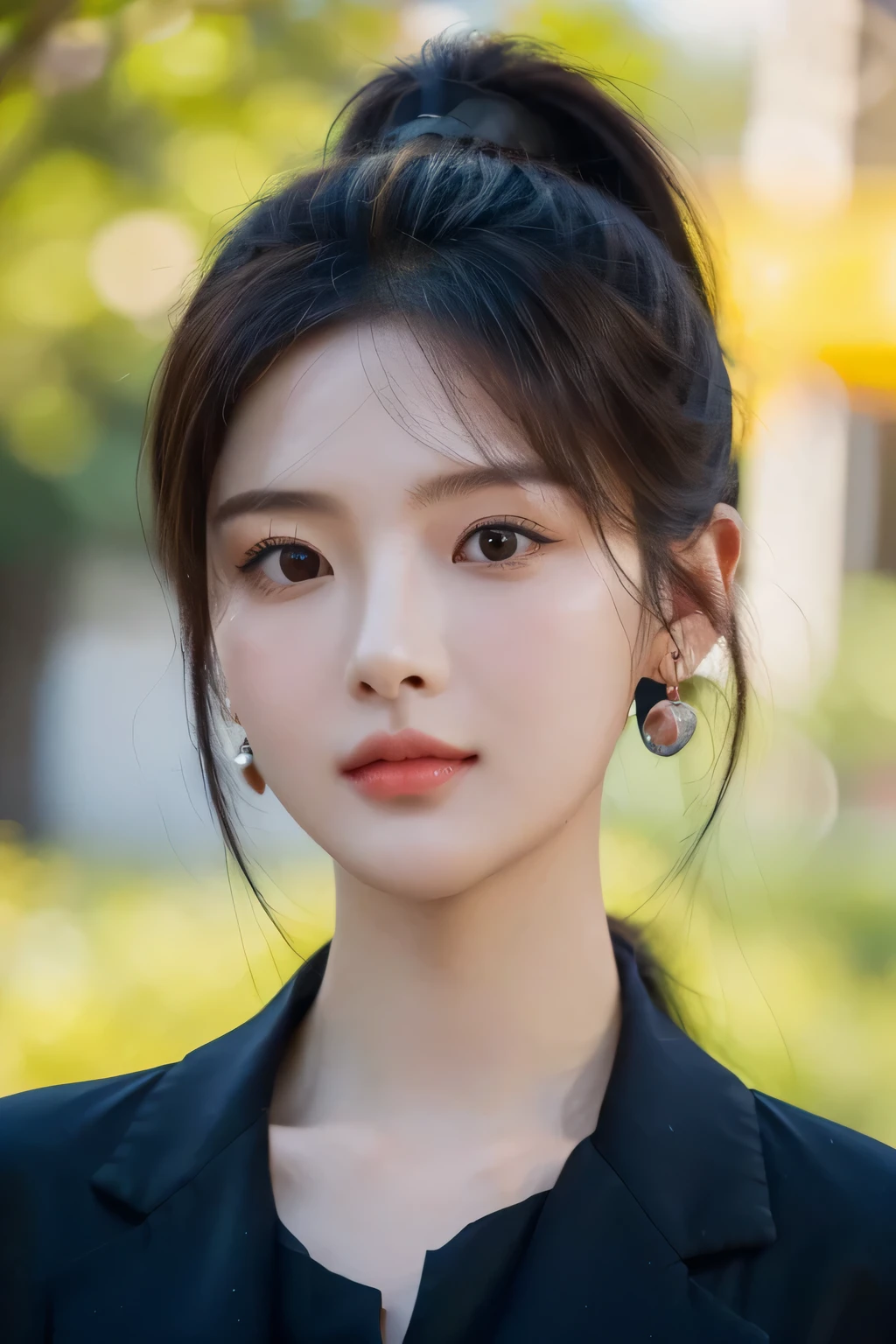 She is a beautiful Chinese girl, Exquisite facial features, It's a perfect face, wear earrings, Oval chin, beautiful features, pretty face, long bangs, ponytail, bright dark brown eyes , Fitted material, shiny skin, pretty face,   deep shadow，Ray tracing, viewfinder, Scale layers, close up, Bokeh, anatomically correct, high detail, 1080P, ultra high definition