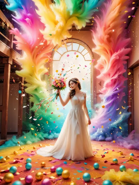 五颜六色的colorfulConfetti在阳光下飘落，在Wedding celebrations上跳舞，colorfulConfetti下雨，soft的灯光，Colorful dust floating，colorfulConfetti飞扬，celebr...