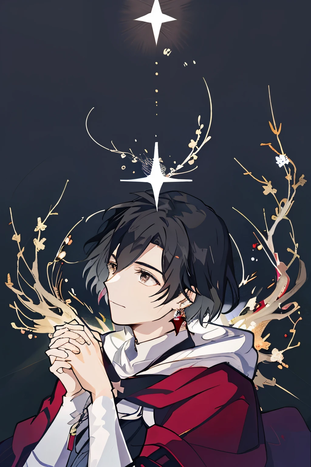 Super detailed、highest quality、short black hair、cool look、red earrings、short  black hair、brown eyes、neutral face、1 male、30th generation male sex、male、dark  background、narrowed eyes、Ruins covered with ivy、mossy ruins、Ruins covered  in ...