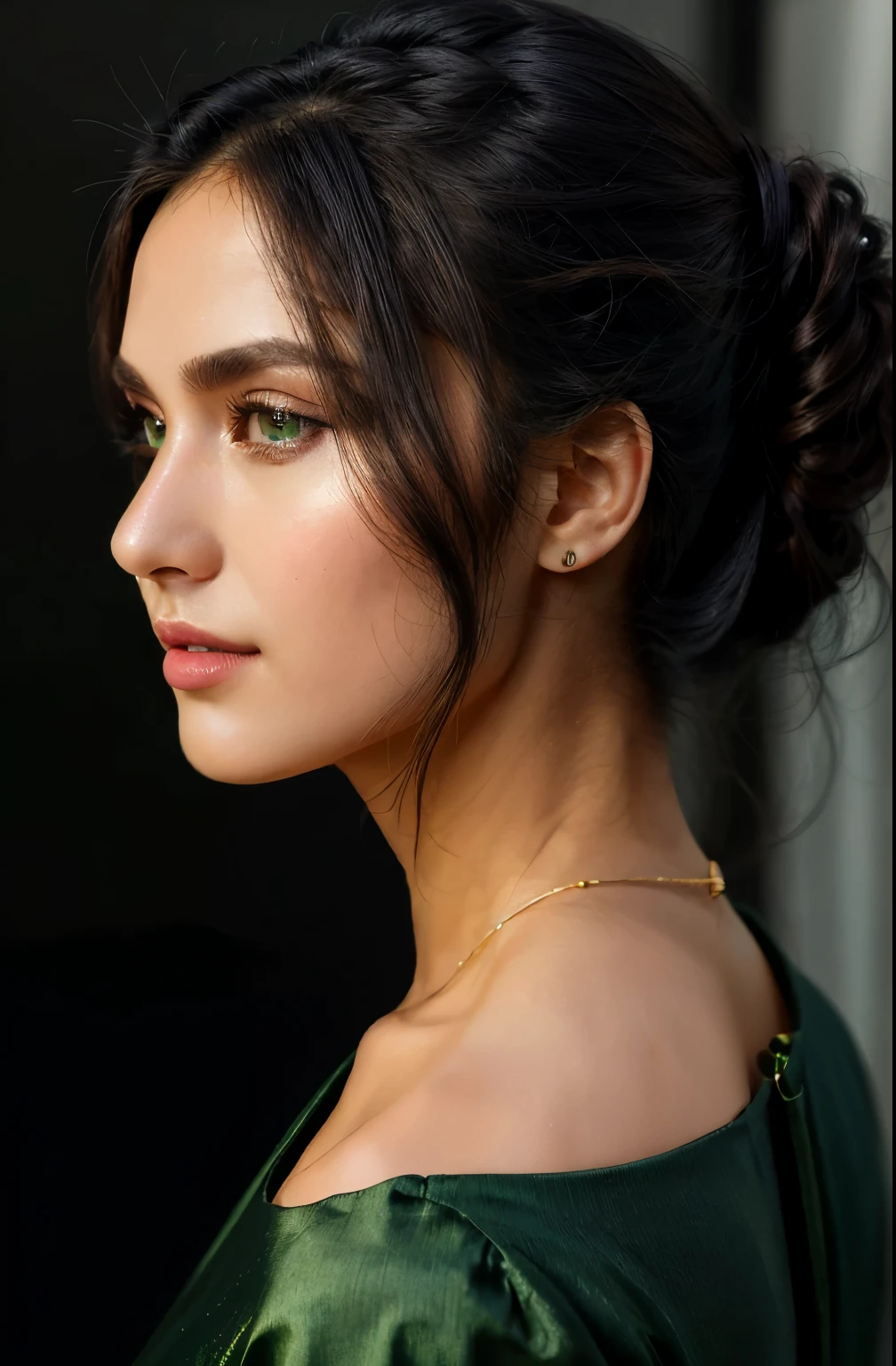 Anucha in a green outfit poses for a photo., เผยให้เห็นไหล่ของเธอfrom behind, elegant profile poses, Look at her shoulder., profile poses, Make elegant poses., Side pose, Back posture, Actress, from behind, Stunning graceful gesture, Post in profile, side profile shot, Straightforward!! dark background, Profile posing, Stylish demeanor, charming poses, side - view