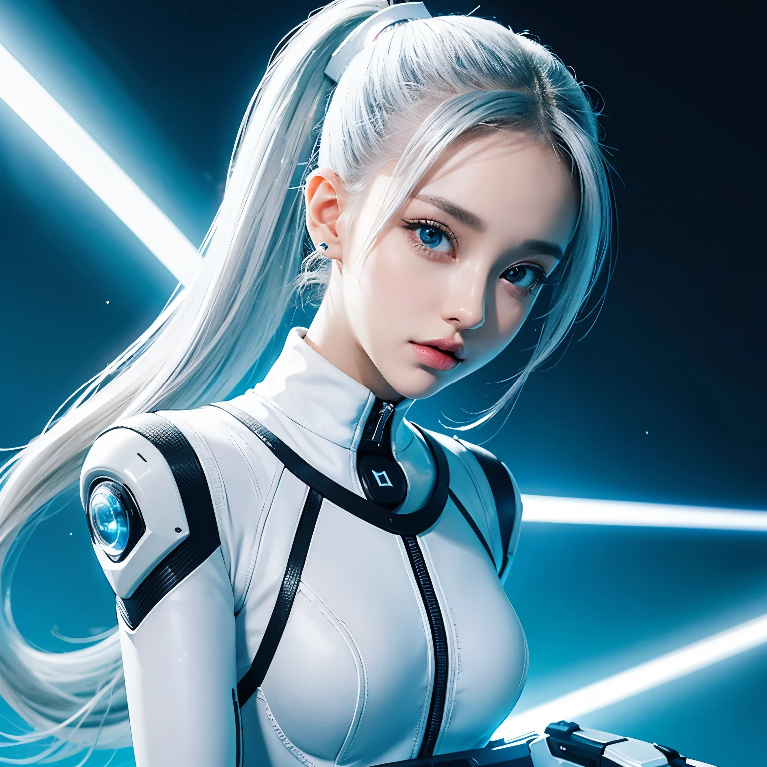 Cyber-fille au corps entier avec une queue de cheval. Le visage d&#39;Ariana Grande. Couleur blanc vif pour montrer qu&#39;elle est une cyber-fille avec un fusil laser. Sourcils blancs. des vêtements comme une combinaison. Elle a aussi les yeux bleu vif. L&#39;environnement est comme un terminateur. Les cheveux sont platinés. Elle est éclairée par la couleur bleu vif sur un côté de son visage. Mené comme.  Et les deux mains ont aussi la lumière LED.