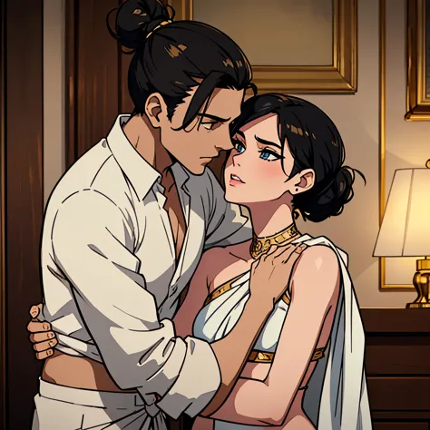 Shirtless boy kissing a sexy and cute woman with black hair tied in a neat bun and smokey eyes wearing eyeliner wearing white sa...