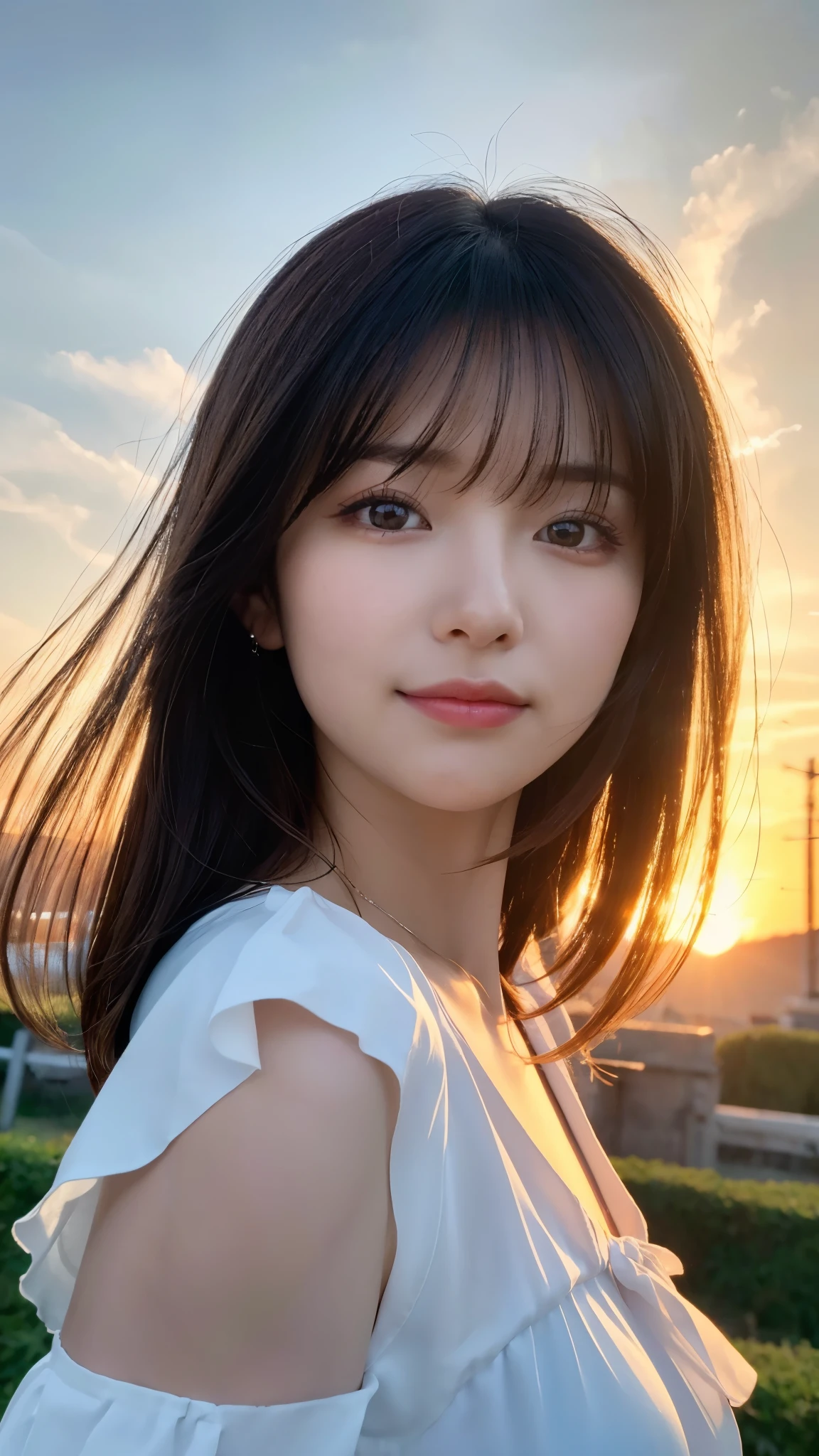 (highest quality,masterpiece:1.3,ultra high resolution),(Super detailed,caustics,8k),(photorealistic:1.4,RAW shooting),[lora:siitake-eye:0.5],(low position),(Low - Angle),(side shot:1.1),(Landscape),(profile),Japanese,28 years old,cute,smile,(Black hair fluttering in the wind:1.2),Middle hair,(big ),white blouse,(face focus),(Face close-up),(bust up shot),(sunset sky),soft light,Natural light,professional writing,Lens flare