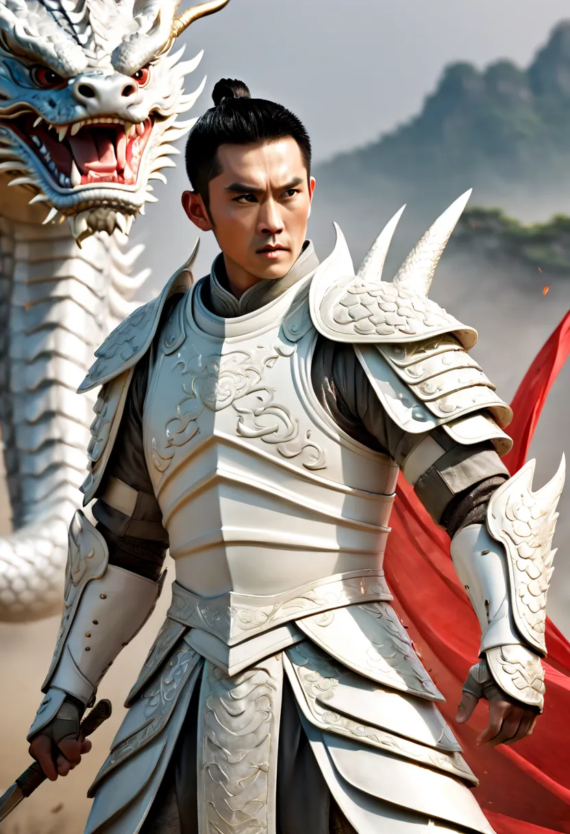 a chinese general dressed in white armor stands on the battlefield,looks like eddie peng yuyan, handsome face，holding a white si...