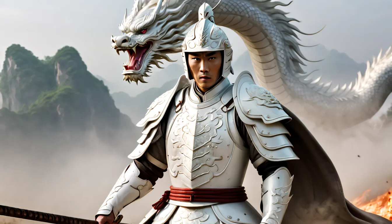 a chinese general dressed in white armor stands on the battlefield,looks like eddie peng yuyan, handsome face，holding a white si...