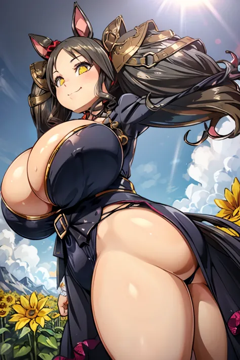 sparkling eyes,jump,outside sunflower field,sunny day,toothless smile,((extreme obesity)),((ssbbw)),((overweight)),(voluptuous bust),expressive pose,unkempt hair,short stature,horse tail