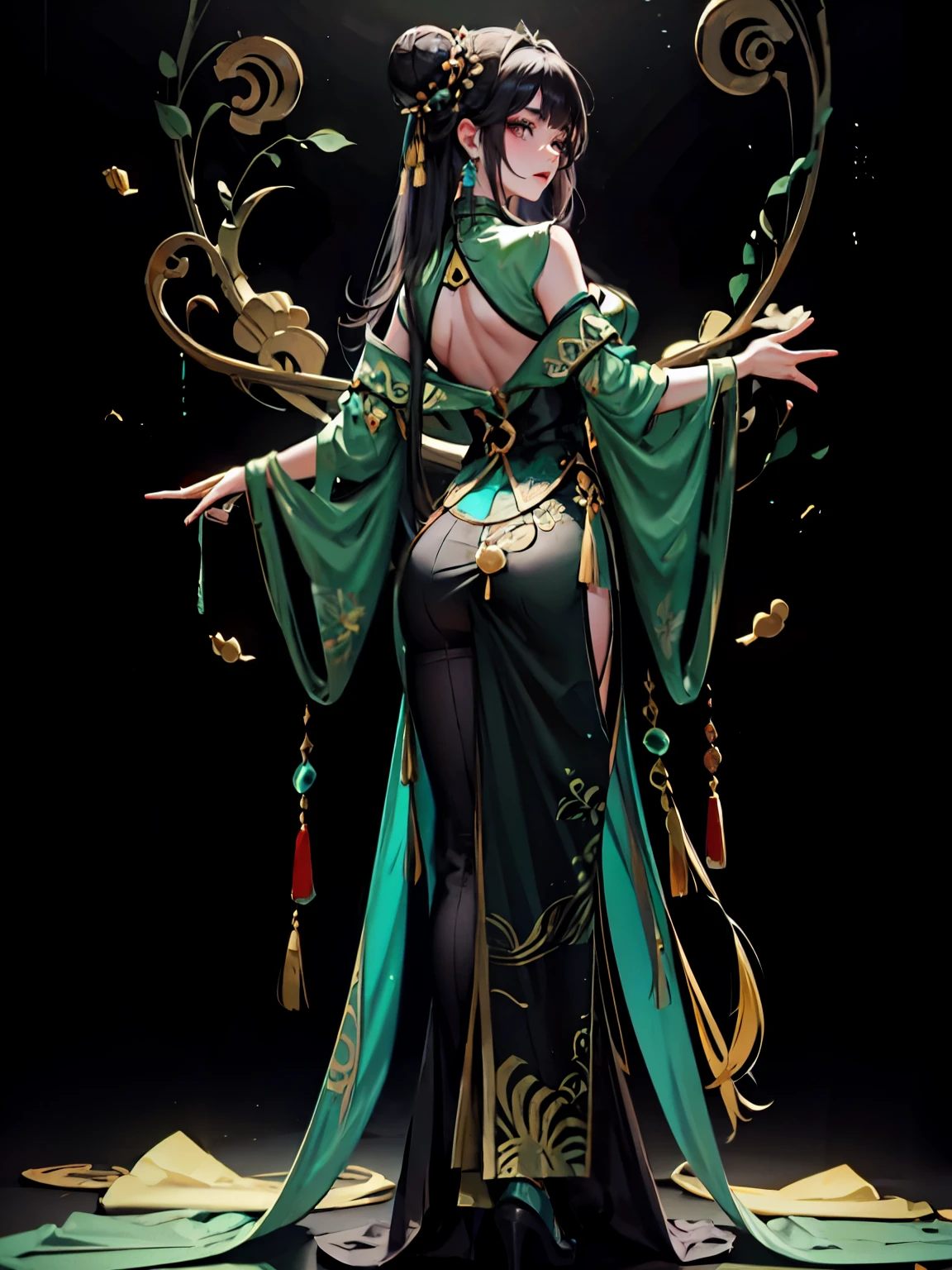 (masterpiece, best quality), solo, woman, elegant, evil, ((Chinese empress)), black hair with bun, eyes closed, (long dramatic black and green colours qipao), hair accessories, (jade accessories), mist, Chinese lamps, shrine, soft glow effect, vivid colors, neon, intricate details, portrait, (looking over back) 