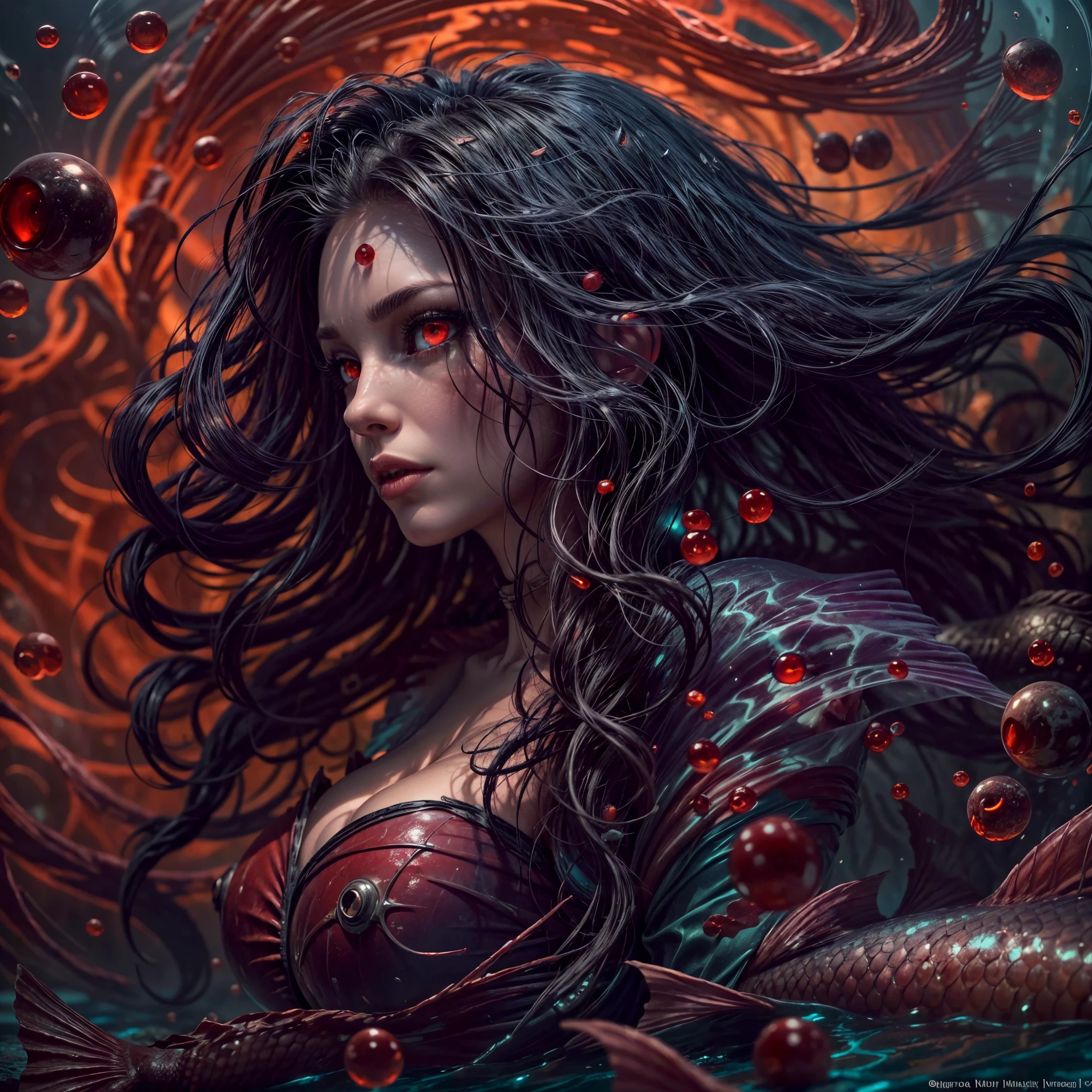 high details, best quality, 16k, [ultra detailed], masterpiece, best quality, (extremely detailed), full body, ultra wide shot, RAW, photorealistic, dark fantasy art, dnd art, rpg art, realistic art, an ultra wide picture of a vampiric mermaid (1.5 intricate details, Masterpiece, best quality)  blood mage casting ((blood control spell)),  blood wizard ((blood magic, intense magic details)), ((controlling a swirling mass of blood)) underwater, magical symbols GlowingRunes_pink, female vampiric mermaid, pale skin, black hair, long hair, swirling hair, lower body tail fin, intense eyes, red eyes, small  (( red eyes)), ((glowing eyes)), wearing sea shell clothing, beautiful dark mermaid, underwater background, rich underwater life, ((magical atmosphere)), fish and sea weeds, high details, best quality, highres, ultra wide angle