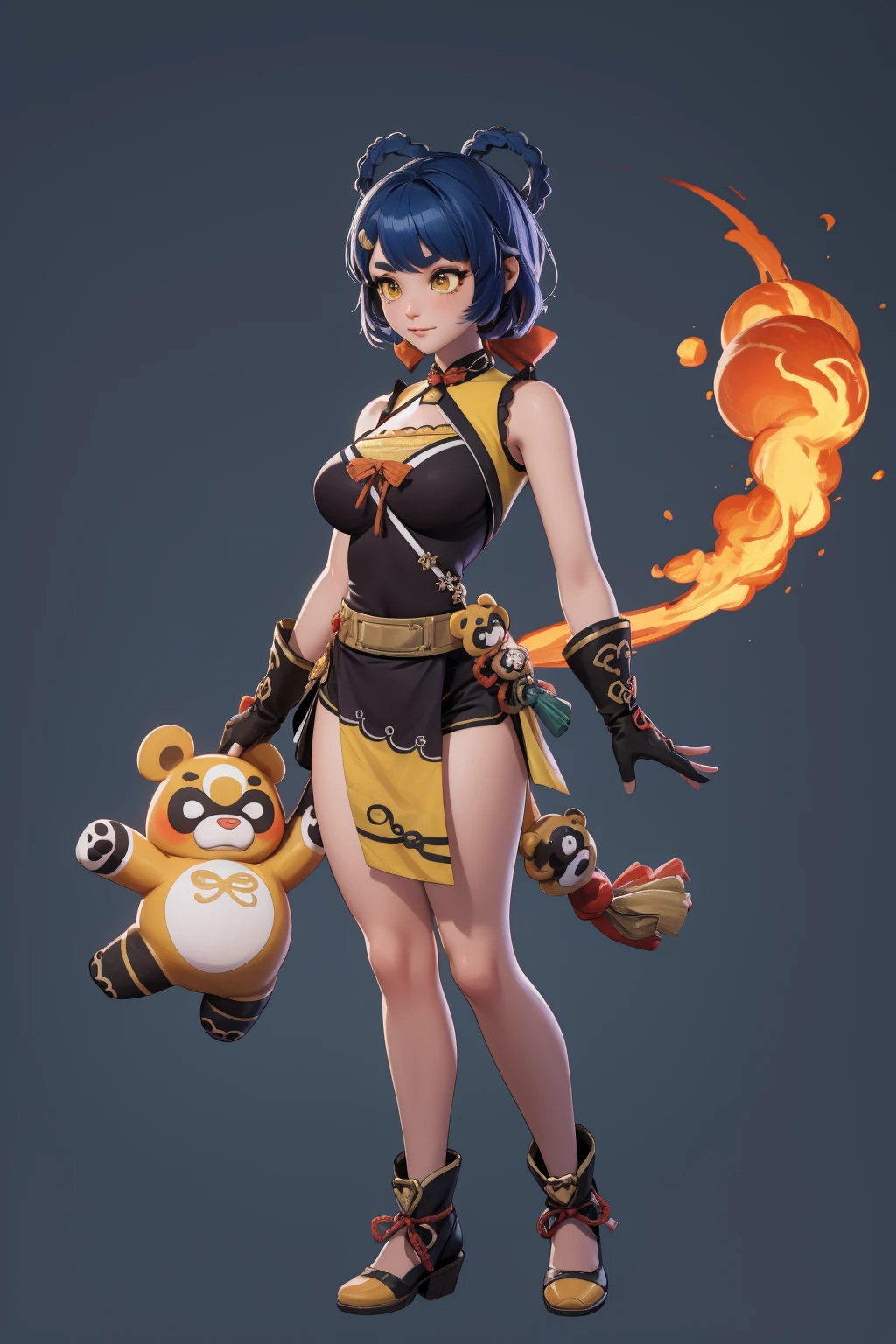 girl, solo, full body, from head to toe, standing, (Huge_Breasts),

3DMM,

xiangling \(genshin impact\)
1girl,blue hair,short hair,thick eyebrows,hairclip,hair rings, braid,yellow eyes,bow,glove,chinese clothes, sleeveless,bare shoulders, pelvic curtain,belt,
panda, panda,no humans