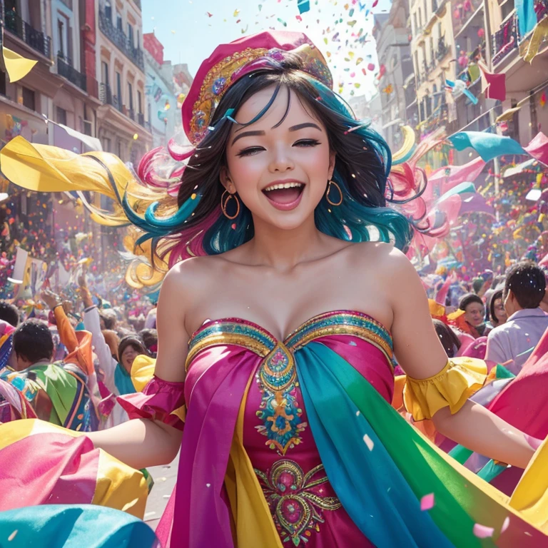 (best quality,4k,8k,highres,masterpiece:1.2),ultra-detailed,(realistic,photorealistic,photo-realistic:1.37),Colorful Confetti, vibrant celebration, joyful atmosphere, flying colorful papers, confetti explosion, bursting with colors, dynamic movement, lively and energetic, festive vibes, party scene, shower of rainbow confetti, bright and cheerful, playful ambiance, multi-colored ribbons, whimsical patterns, floating confetti circles, vibrant and diverse shapes, joyful expressions, excited smiles, happy and carefree, dynamic composition, vivid colors, shimmering metallic papers, kaleidoscope of hues, high contrast, vivid saturation, striking visuals, joyful anticipation, colorful bursts of energy, joyous crowd, lively music, energetic rhythms, pulsating beat, joyful indulgence, carefree festivities, immersive celebration, energetic and lively ambiance, cheerful moments, capturing the essence of joy and excitement, delightful surprises, cheerful and vibrant mood, lively atmosphere, cascading confetti rain, vibrant confetti trails, festive chaos.