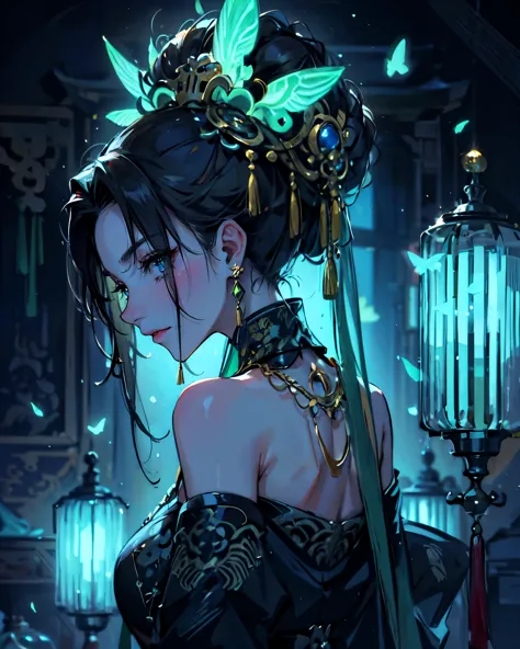 (masterpiece, best quality), solo, woman, elegant, evil, mysterious, dramatic, ((chinese empress)), empress, black hair with bun...