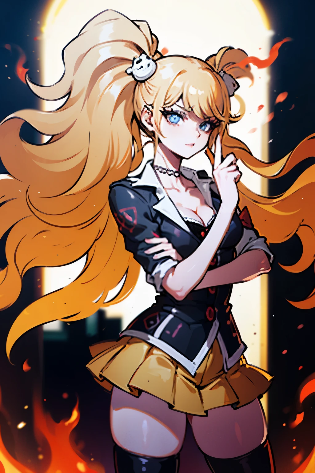 Photo of a woman shrouded in fire and smoke, standing fearlessly in a burning building, (flaming blonde hair:1.32), (ethereal quality:1.33), wearing a skirt, (hair blonde flying behind her:1.25), cleavage, stockings