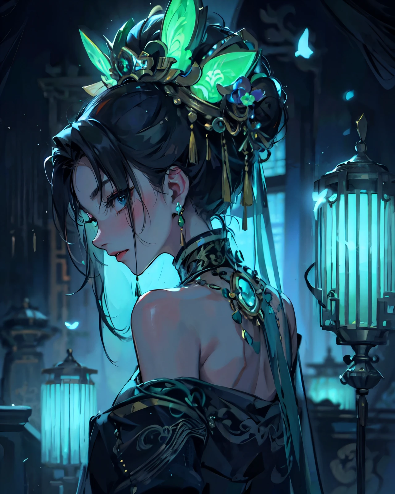 (masterpiece, best quality), solo, woman, elegant, evil, mysterious, dramatic, ((Chinese empress)), empress, black hair with bun, (both eyes-closed), (long dramatic black and green colours qipao), hair accessories, (jade accessories), Chine lamps, shrine, Chinese temple in background, soft glow effect, vivid colors, neon, intricate details, portrait, (back view), Upper-body, scenery