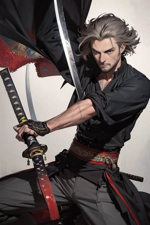 ((best quality)), ((masterpiece)), (detailed),High quality, Ultra detailed, best quality, insanely detailed, beautiful, masterpiece, 
male, 60s,slim&mascular, stubble,gray hear,shirp eye, having katana blade