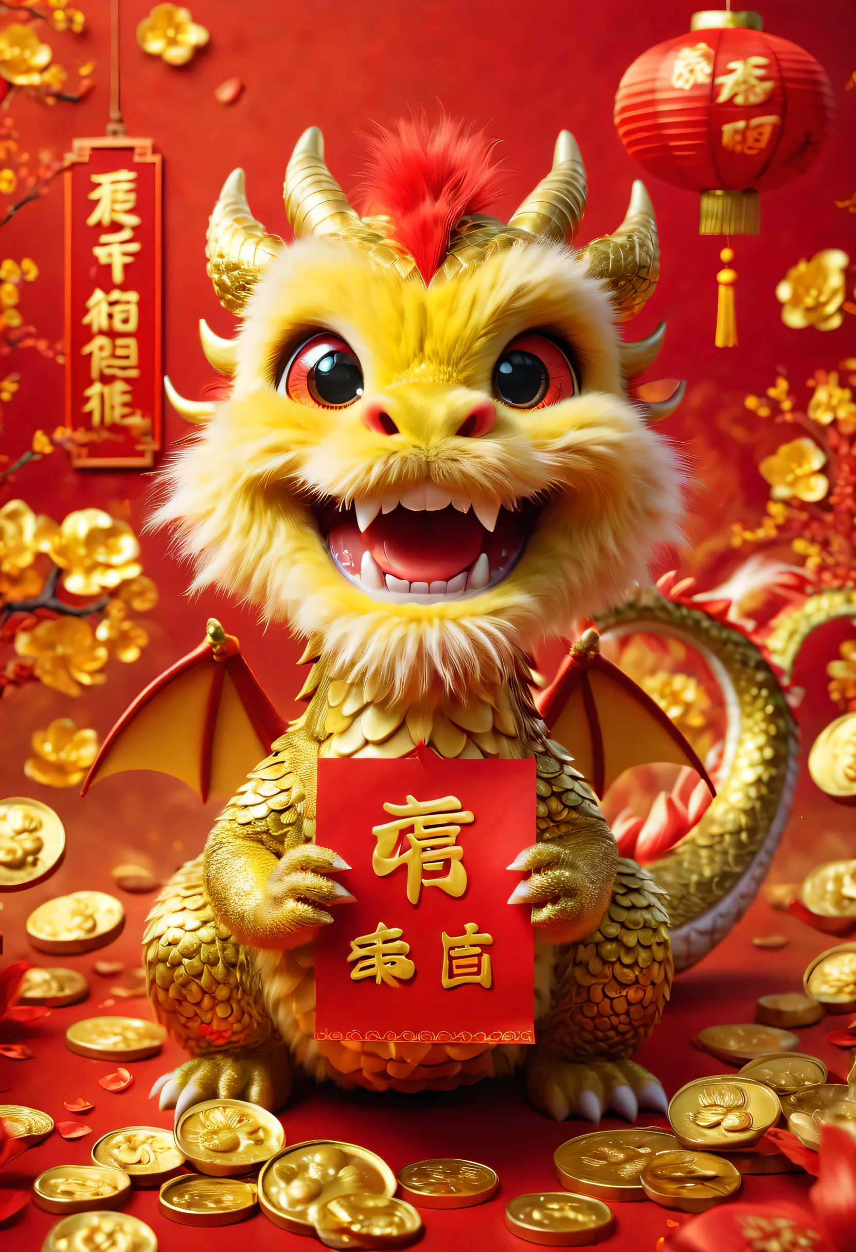 poster design：Chinese New Year is here，Cute little Chinese dragon is so happy，hairy，There are many gold coins in the air，red background blur，