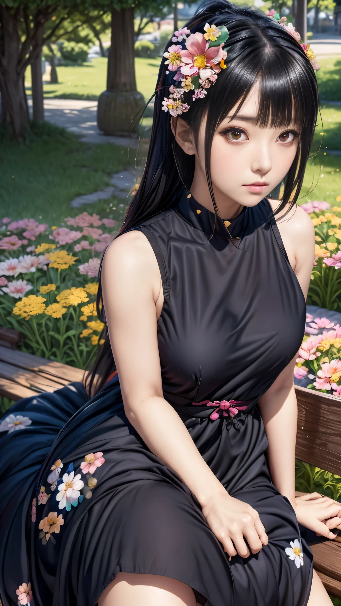 Anime-Mädchen sitzt auf einer Bank mit Blumen im Haar, Hinata Hyuga, Anime-Mädchen trägt ein schwarzes Kleid, erstellt mit Anime Painter Studio, Porträt von Mayuri Shiina, sasoura, Essen und Trinken, gemalt im Anime-Malerstudio, KOTEGAWA YUI, Charakter im Anime-Stil, von Naruto, Sitzen mit Blumen, Misato Katsuragi