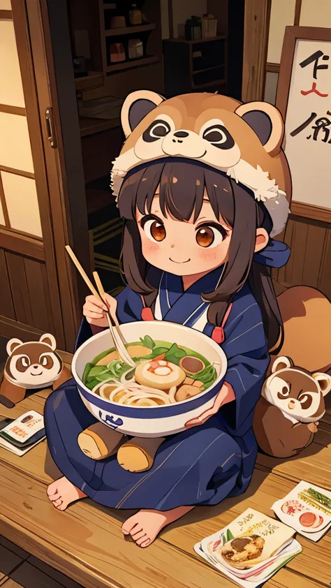 A tanuki disguised as a Japanese girl is happily eating steaming tanuki soba noodles.。