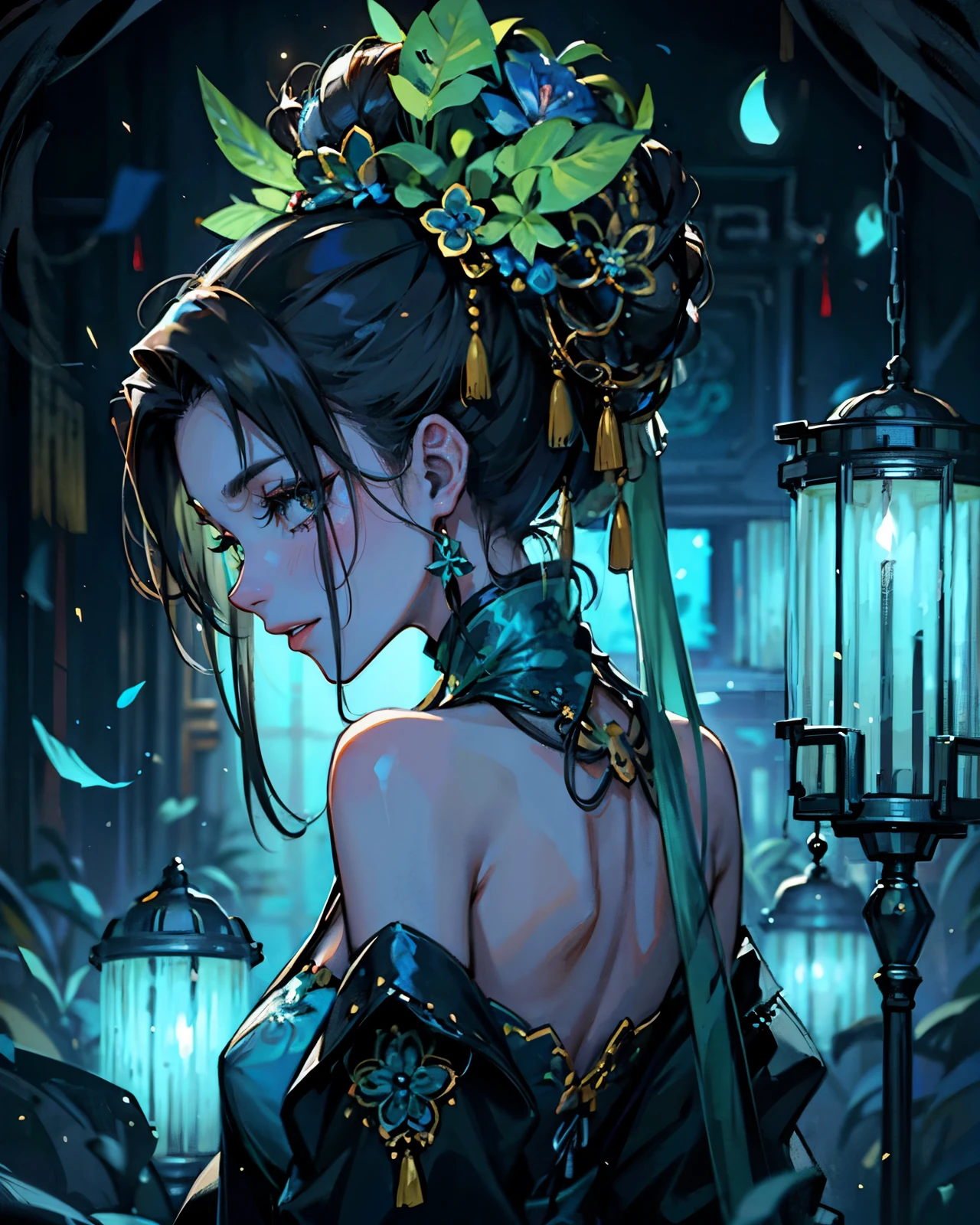 (masterpiece, best quality), solo, woman, elegant, evil, mysterious, dramatic, ((Chinese empress)), empress, black hair with bun, (both eyes-closed), (long dramatic black and green colours qipao), hair accessories, (jade accessories), Chine lamps, shrine, Chinese temple in background, soft glow effect, vivid colors, neon, intricate details, portrait, (back view), Upper-body, scenery