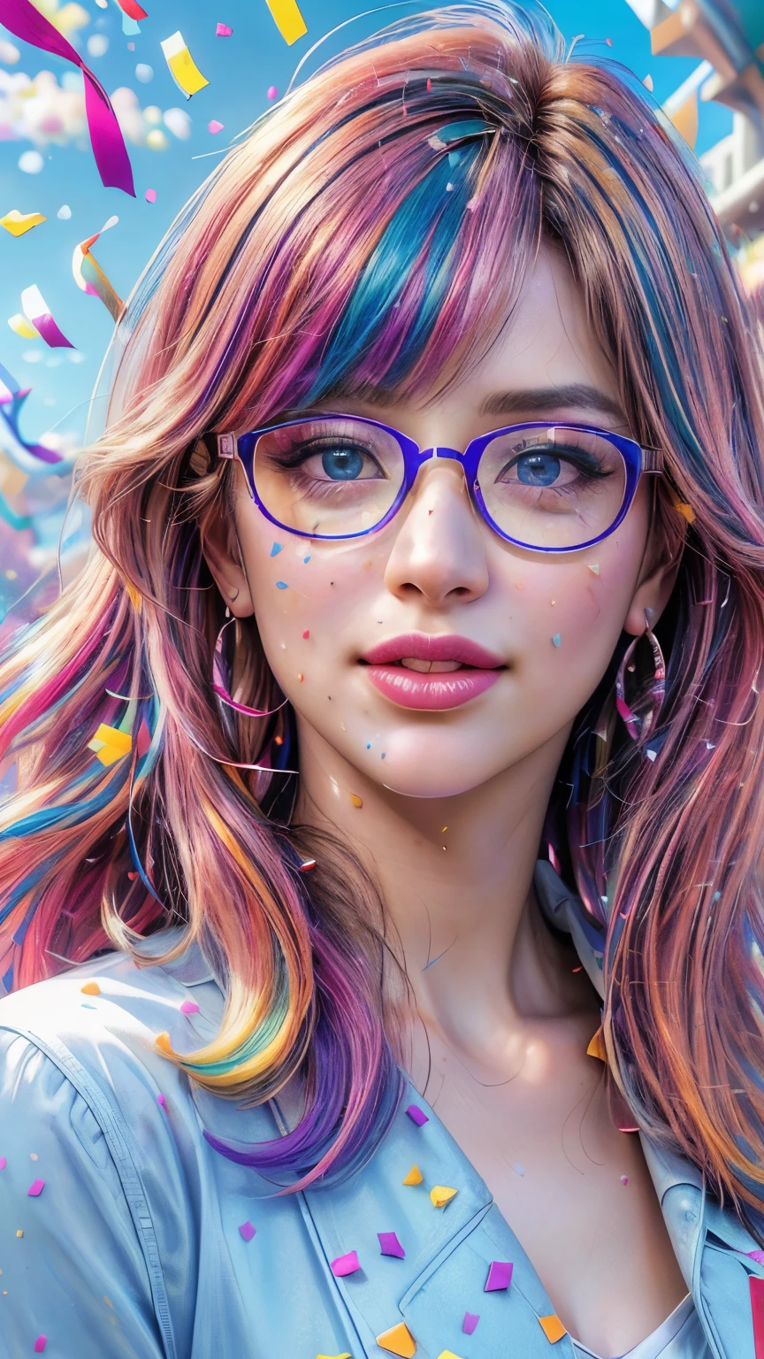 (best quality,4k,8k,highres,masterpiece:1.2),ultra-detailed,(realistic,photorealistic,photo-realistic:1.37),portrait,woman,glasses,sparkling eyes,sharp focus,clear details,detailed makeup,beautiful detailed lips,hair blowing in the wind,dramatic lighting,soft shadows,vibrant colors,expressive face,confident smile,(colorful confetti:1.5),cloudy day