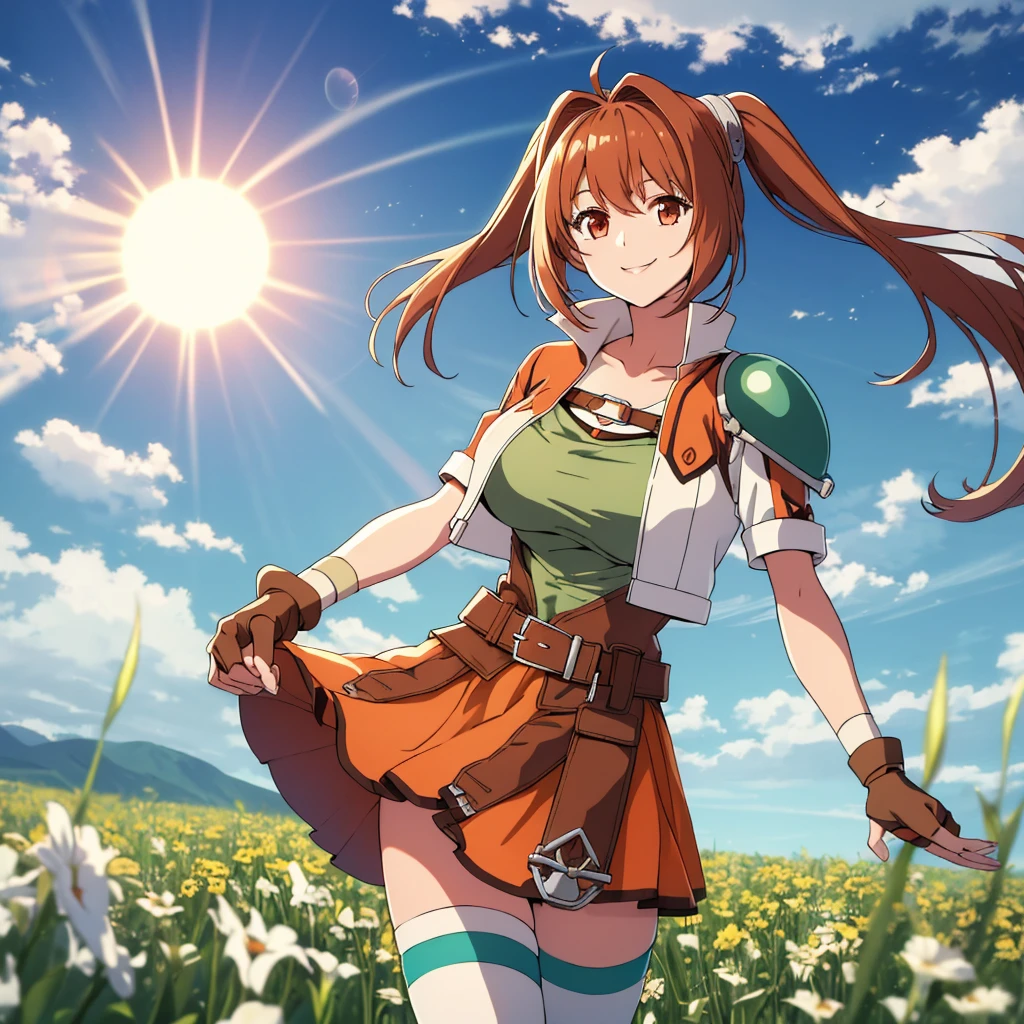 masterpiece, best quality, scEstelle, cropped jacket, green shoulder pad, tan shirt, orange skirt, belt, brown gloves, white thighhighs, upper body, smile, sky, clouds, field, sun, standing, looking at viewer, big tits
