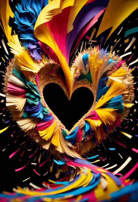 Colorful scraps of paper flutter crazily in the whirlpool，Like a heart, A black hole，golden background