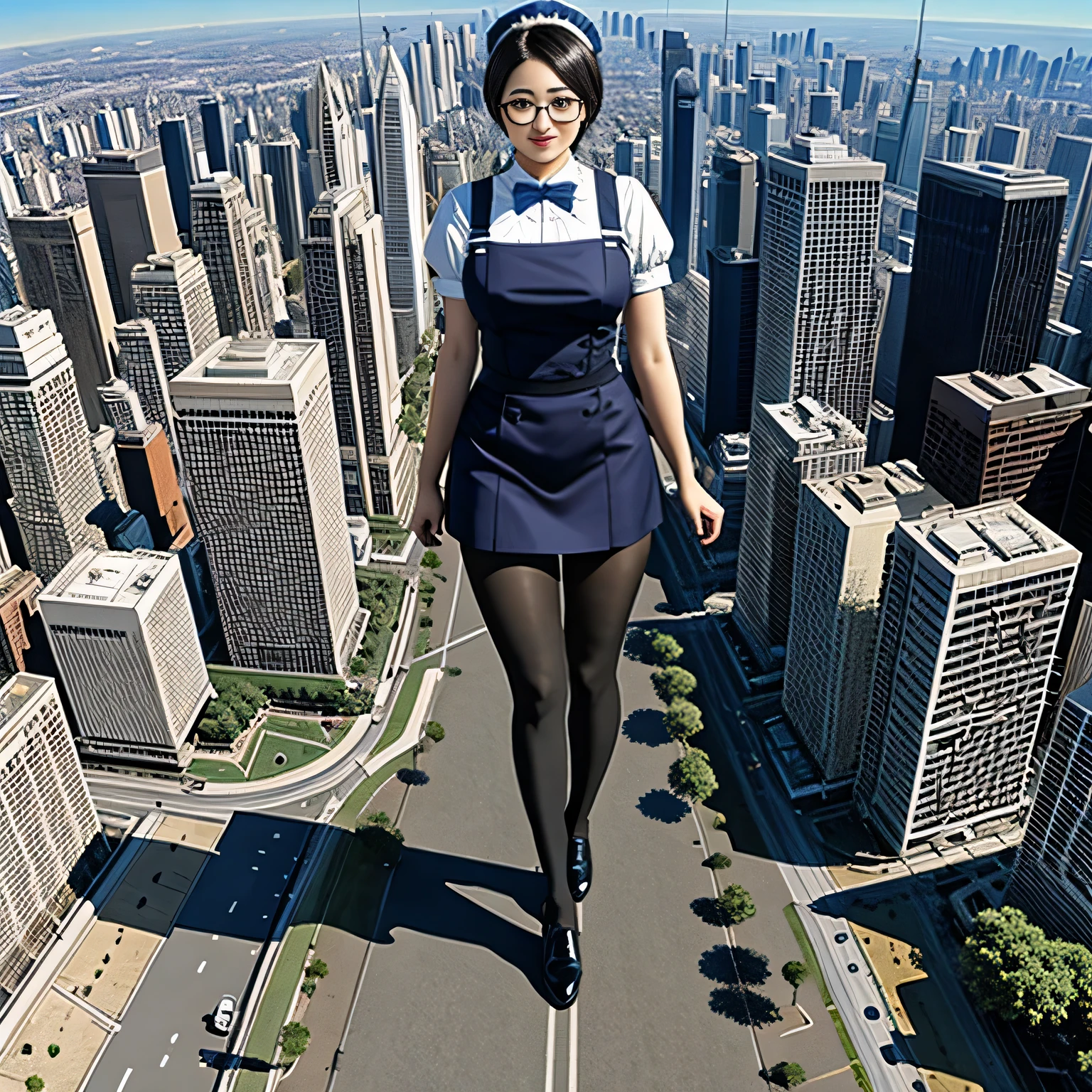 multiple girls, Giant&#39;s Art, Highly detailed Giant shot, Giant, short hair, A maid that is much bigger than a skyscraper, wearing rimless glasses, big breasts, BIG ASS, navy maid uniform, black pantyhose, black shoes, very small metropolis, miniature metropolis, crush the big city, A city engulfed in flames, full body description, ＧＴＳ, Giga Giant, Stomping City, crash city, Small town, micro city, maid, 