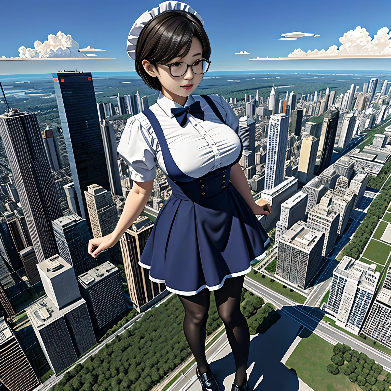 multiple girls, Giantの芸術, 非常に詳細なGiantショット, Giant, short hair, A maid that is much bigger than a skyscraper, wearing rimless glasses, big breasts, big ass, navy maid uniform, black pantyhose, black shoes, very small metropolis, miniature metropolis, crush the big city, A city engulfed in flames, full body description, ＧＴＳ, ギガGiant, Stomping City, crash city, Small town, micro city, maid, 