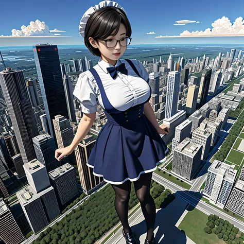 multiple girls, Giantの芸術, 非常に詳細なGiantショット, Giant, short hair, A maid that is much bigger than a skyscraper, wearing rimless glas...