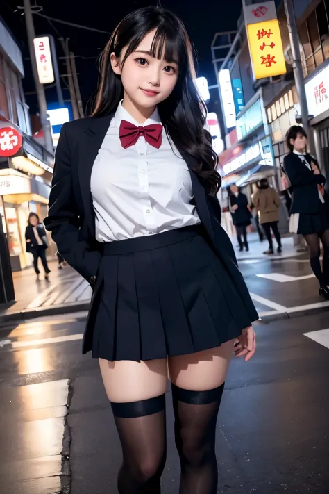 low angle shot、big breasts、Shoes are visible、super treet snap、tall, A baby-faced gal woman wearing a short skirt and bow tie is ...
