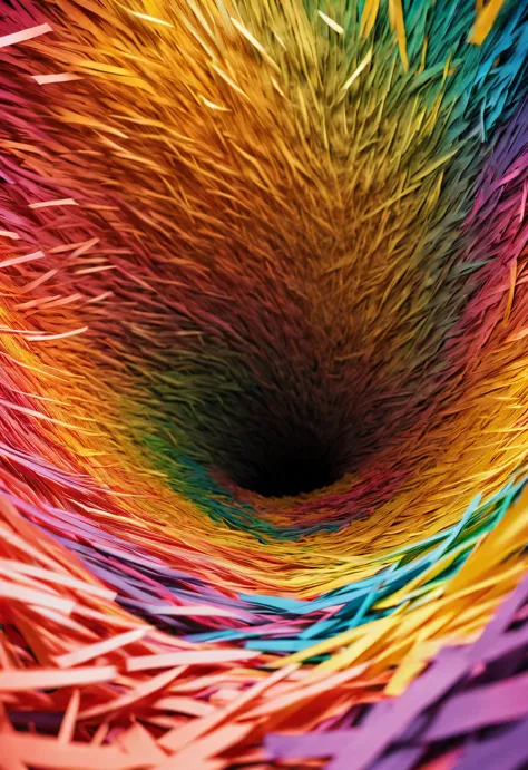 Colorful shredded paper resembles a butterfly spinning wildly in a vortex, sucked into a huge golden hole, fantasy,