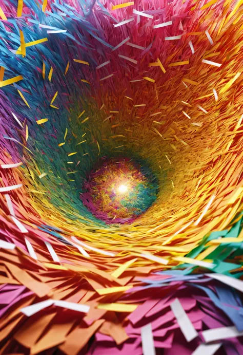Colorful shredded paper resembles a butterfly spinning wildly in a vortex, sucked into a huge golden hole, fantasy,360-degree shooting
